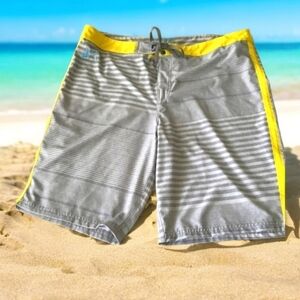 Just Keep living  board shorts 38W grey yellow. Stretchy striped in good…